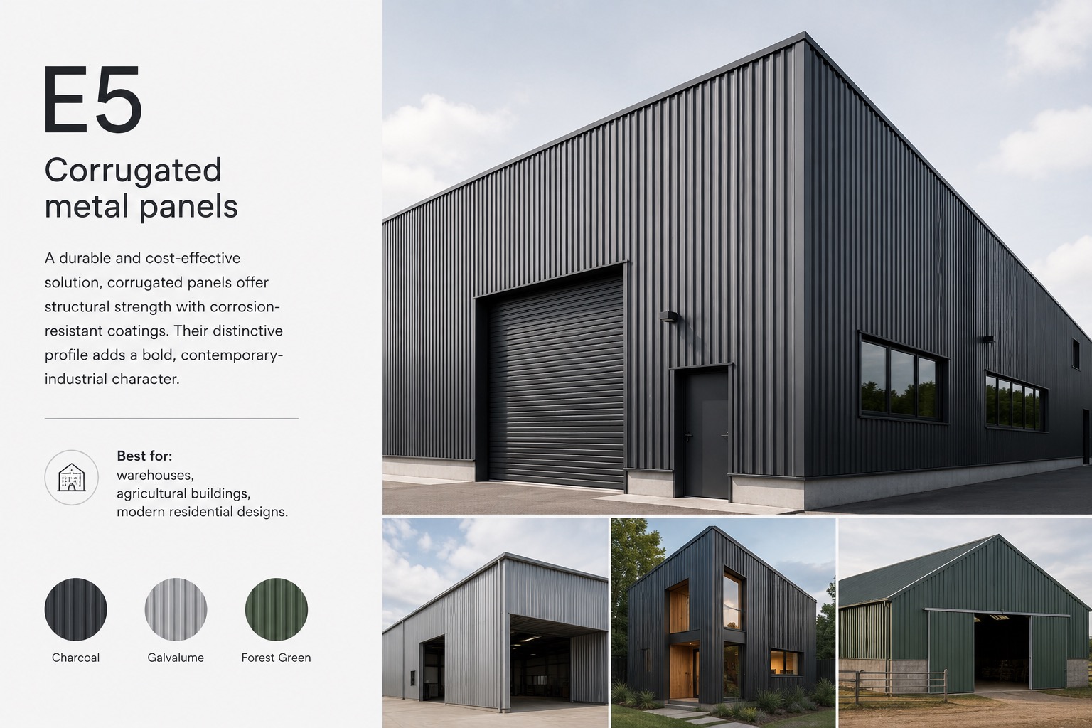 Charcoal corrugated metal panels on a modern industrial building with — Vireo Homes exterior cladding systems