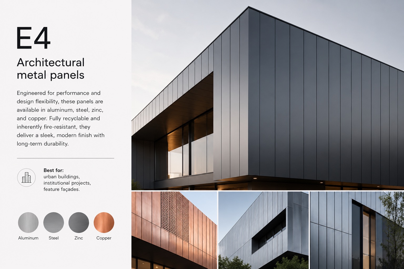 Modern building clad in dark grey architectural metal panels, with — Vireo Homes exterior cladding systems