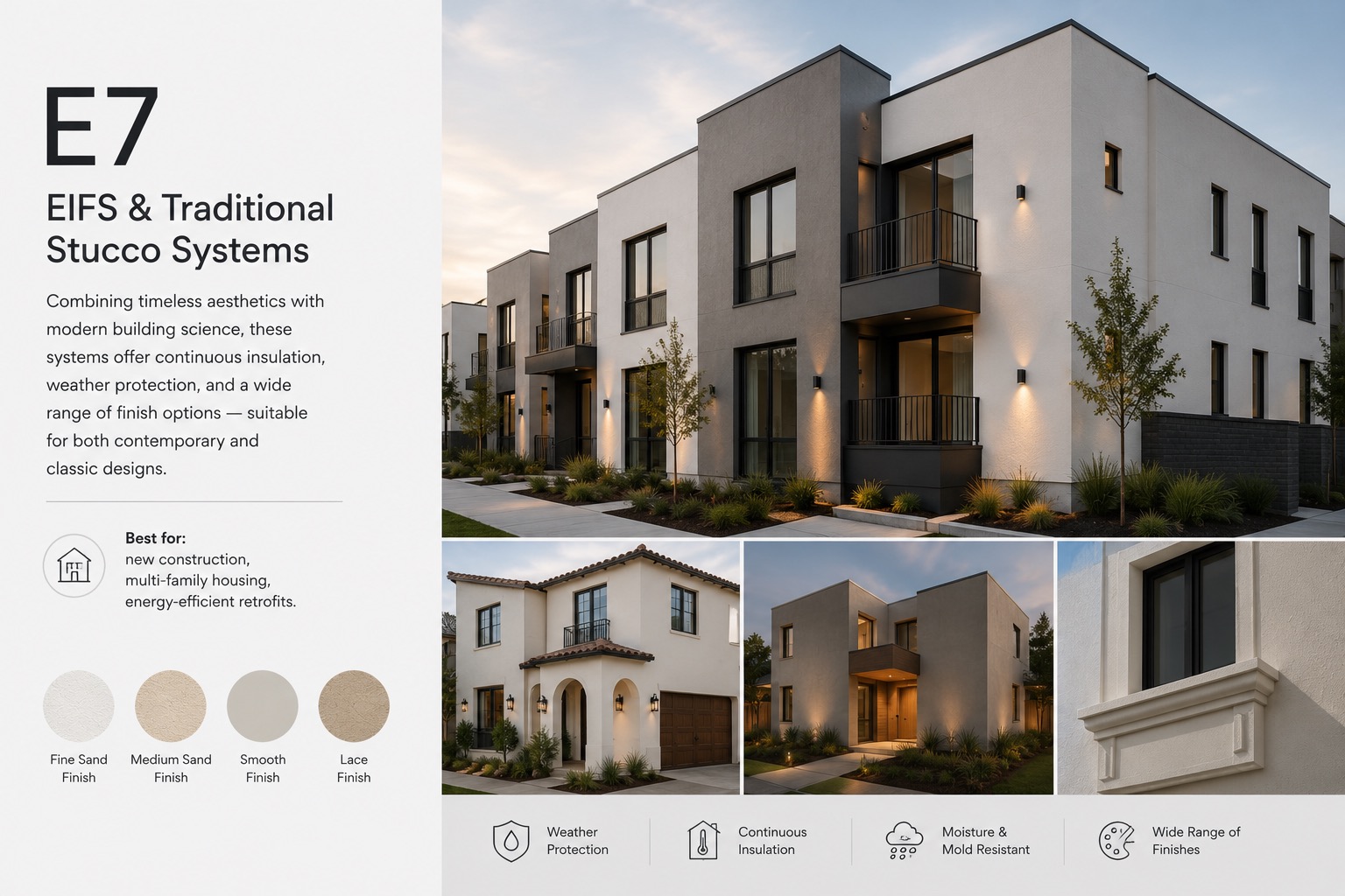 Contemporary buildings with light-colored stucco exteriors, — Vireo Homes exterior cladding systems