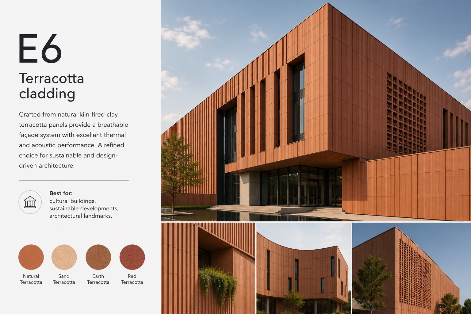 Large, modern building with warm reddish-brown terracotta cladding — Vireo Homes exterior cladding systems