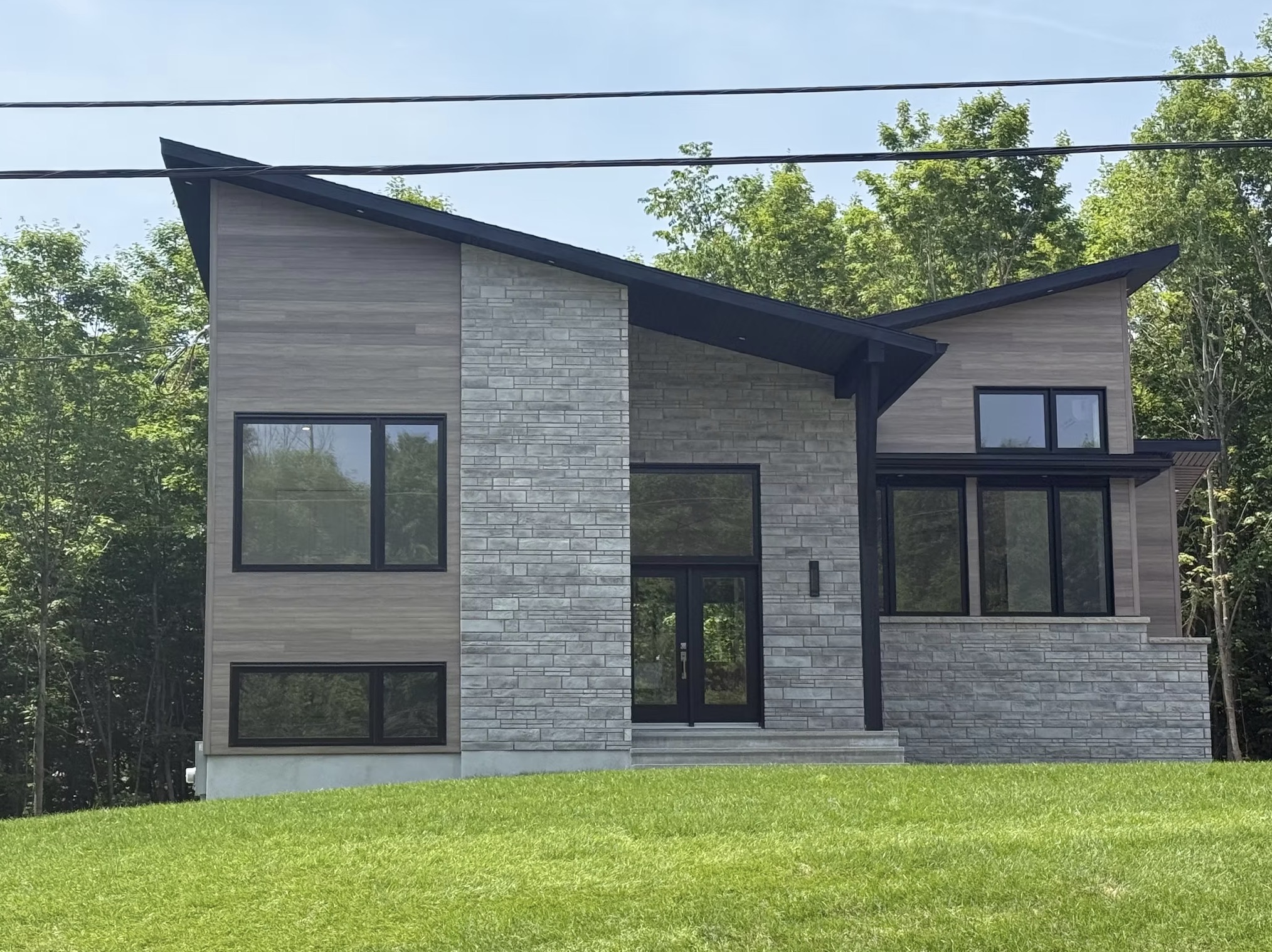 Contemporary house exterior with sloped roof, light wood — European window and door project, Vireo Homes GTA