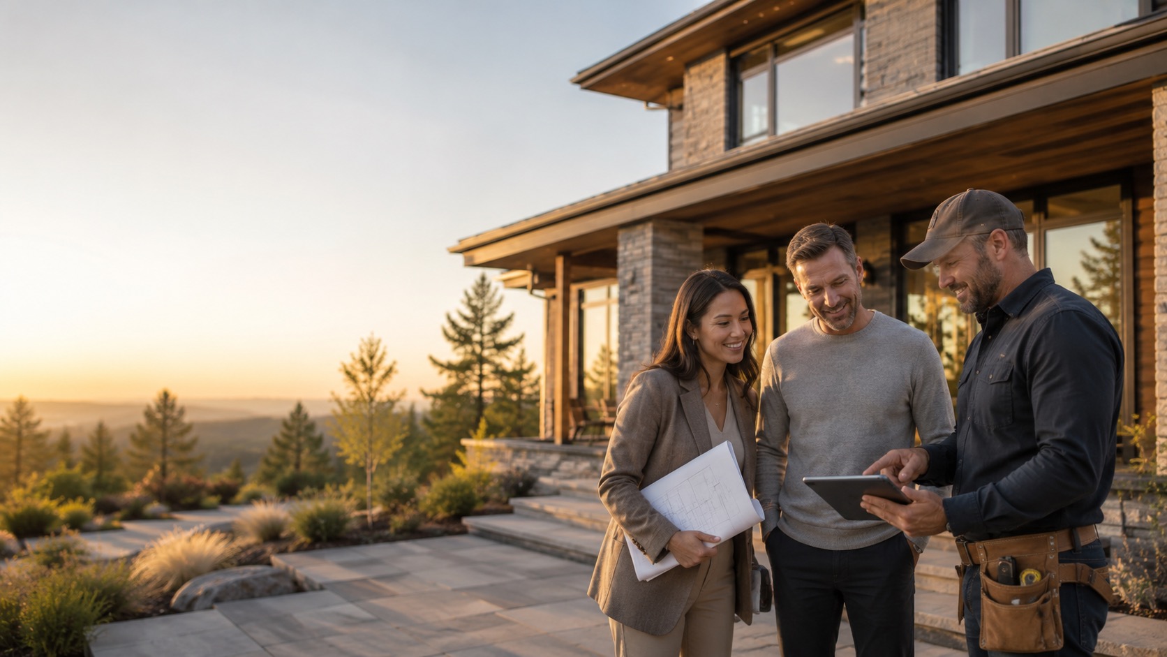 Contractor shows couple building plans on tablet outside a modern house at sunset. — Vireo Homes