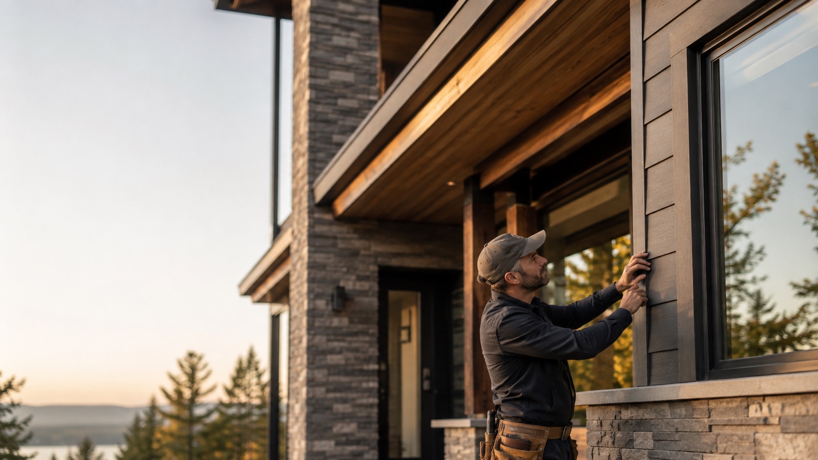 Man in cap works on dark modern house siding near window at sunset. — Vireo Homes