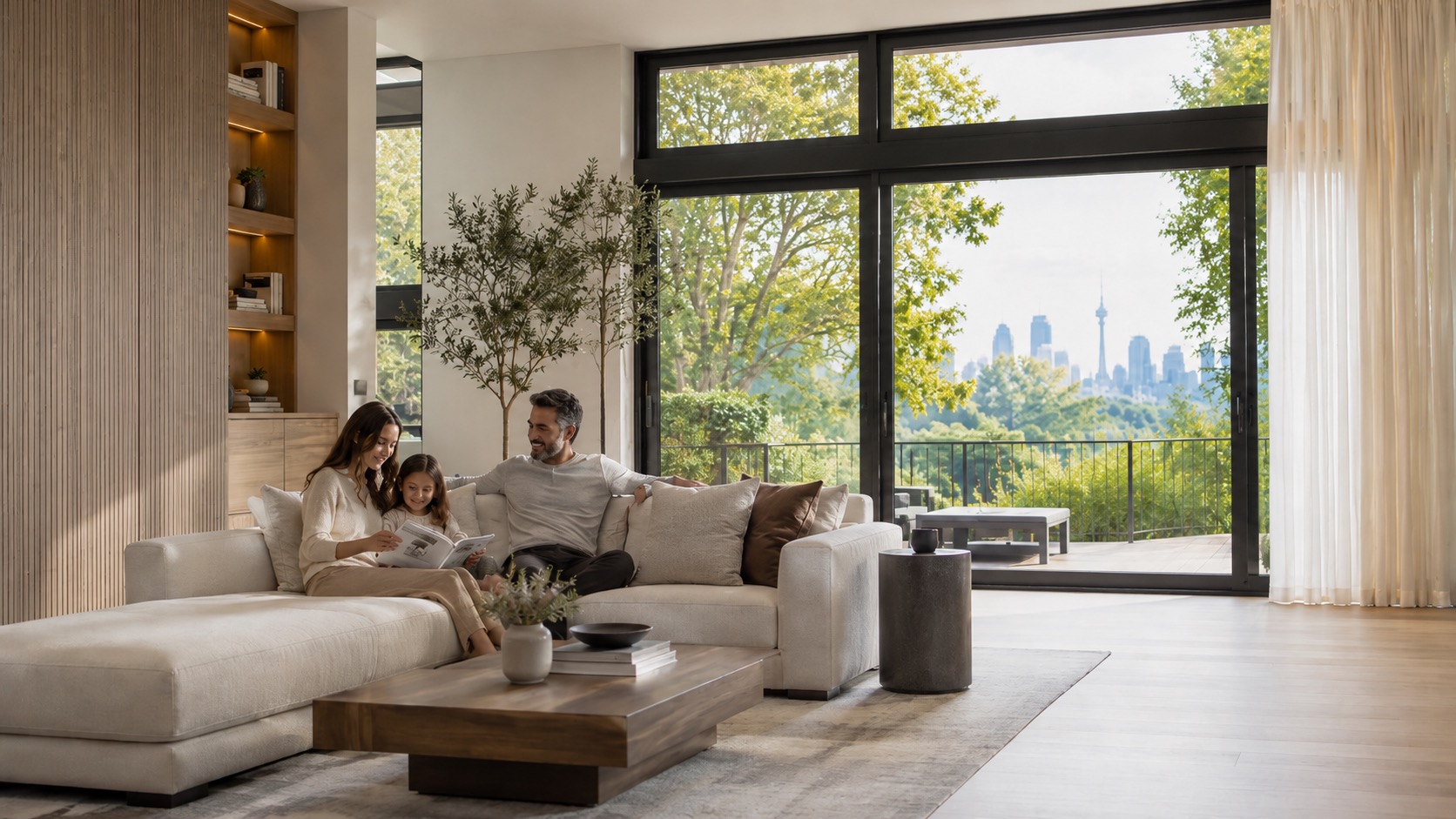 Family on light sectional sofa in modern living room with city view through large windows. — Vireo Homes