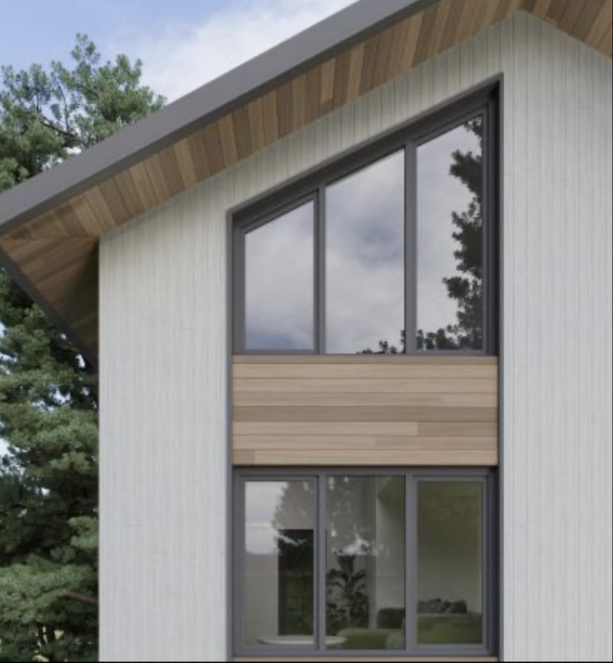 Modern house exterior with white vertical siding, light wood accent, — Vireo Homes exterior cladding systems