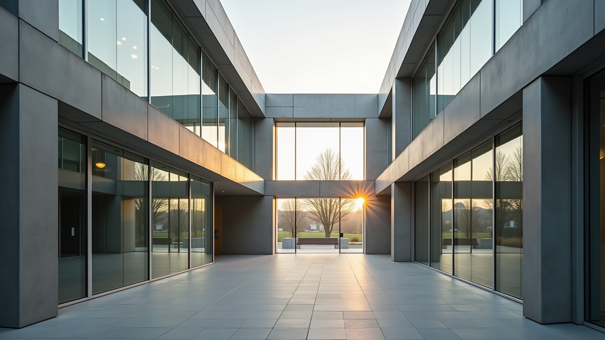 Modern building courtyard with glass walls, concrete pillars, and warm sunset light reflecting. — Vireo Homes