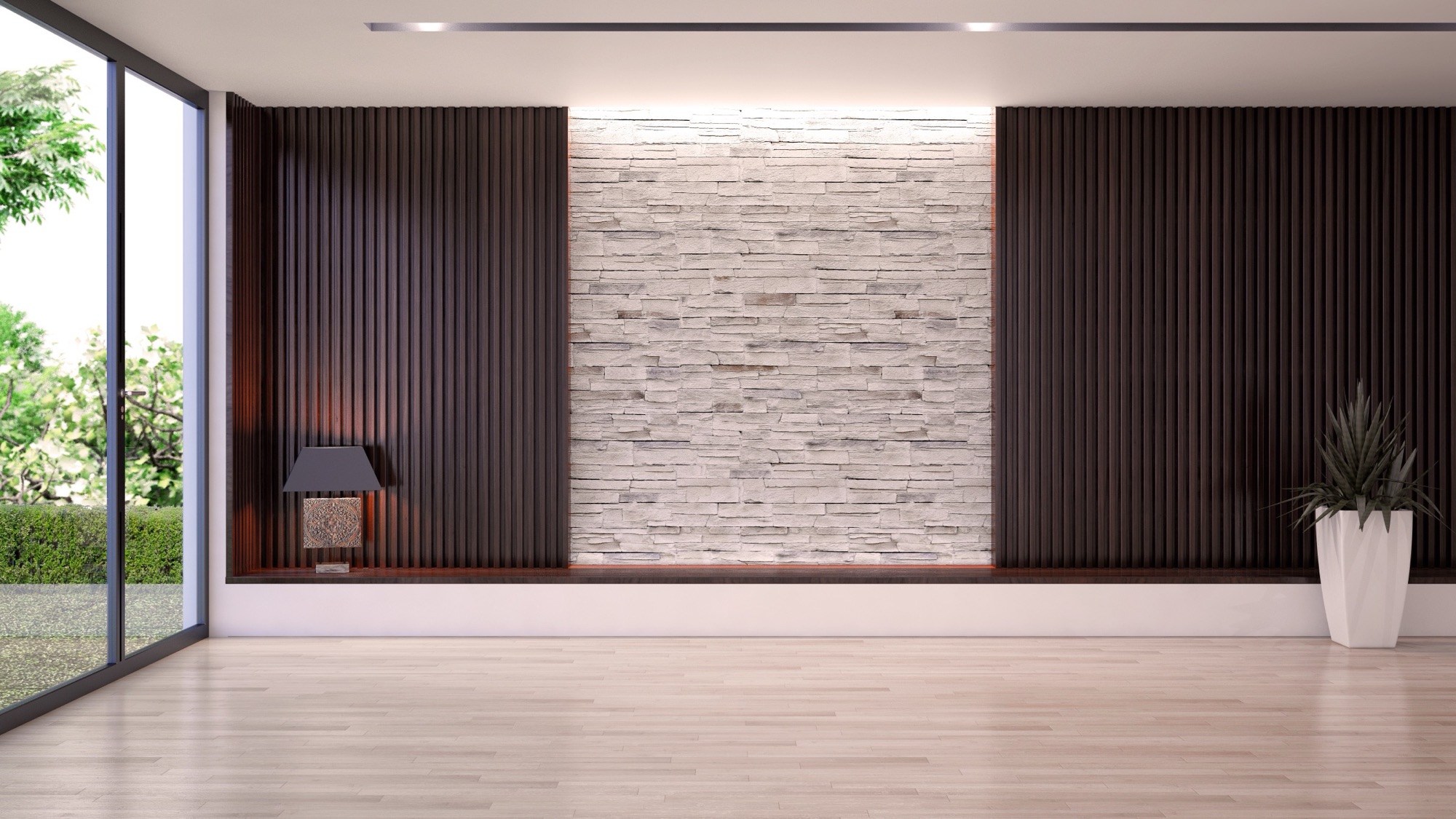 Modern room interior with dark wood slatted walls, white stacked stone, — eco wall panel finish, Vireo Homes