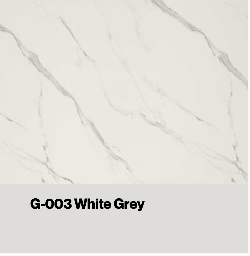 White marble effect tile with delicate grey veining, labeled G-003. — eco wall panel finish, Vireo Homes