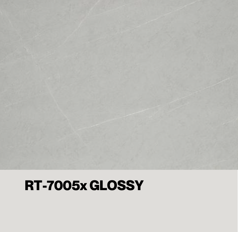 Glossy light grey tile with a very subtle, almost solid pattern, labeled — eco wall panel finish, Vireo Homes