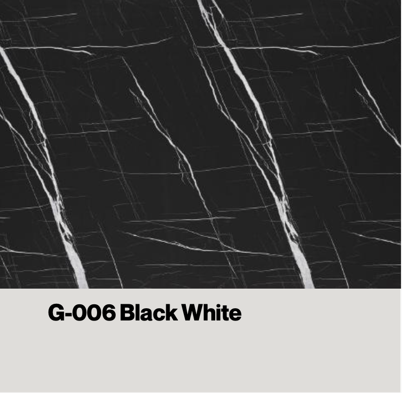 Bold black marble effect tile with prominent white veining, labeled — eco wall panel finish, Vireo Homes