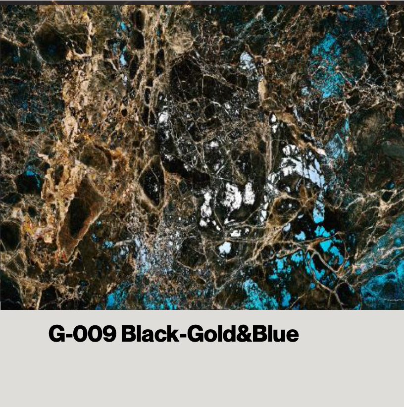 Intricate black, gold, and blue marble pattern with cracked texture. — eco wall panel finish, Vireo Homes
