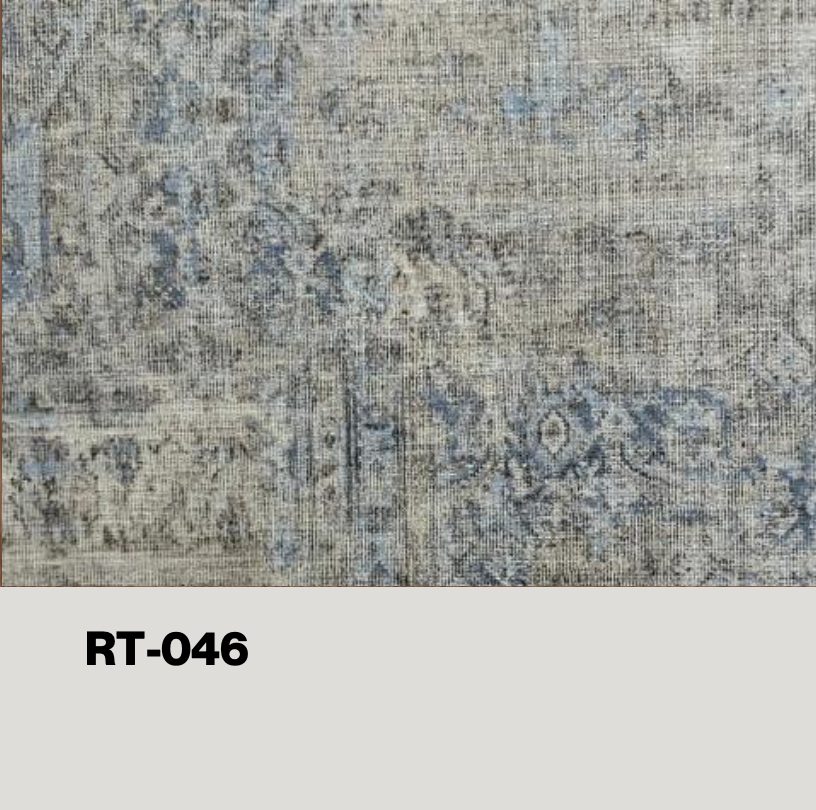 Distressed grey and blue abstract patterned rug with faded traditional — eco wall panel finish, Vireo Homes