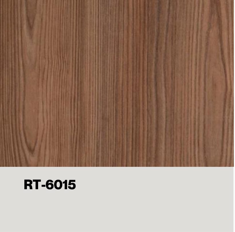 Medium brown vertical wood grain laminate with distinct lines, RT-6015 — eco wall panel finish, Vireo Homes