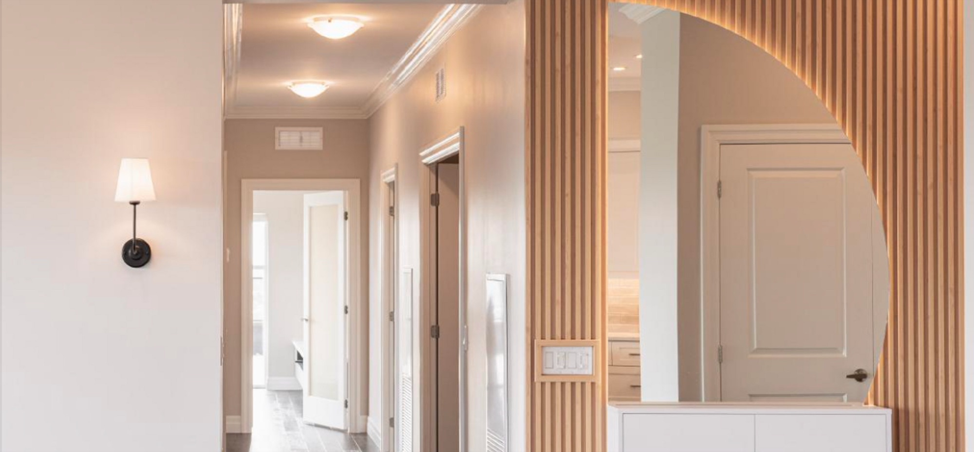 Light natural wood ribbed paneling, no code visible. — eco wall panel finish, Vireo Homes