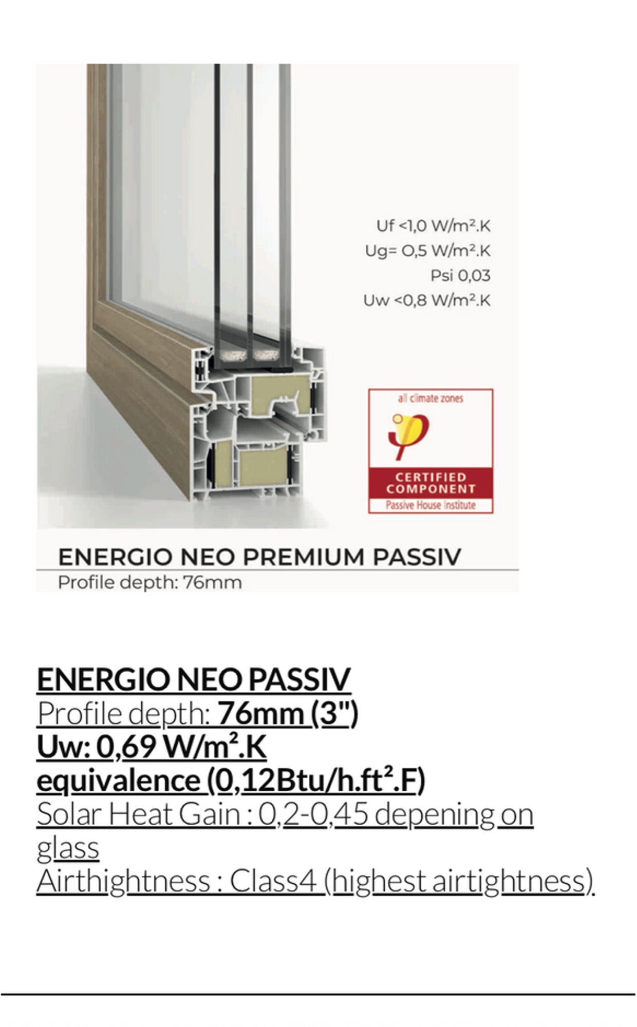 PHI-certified ENERGIO triple-glazed Passive House window — Uw ≤ 0.80 W/m²·K — Vireo Homes