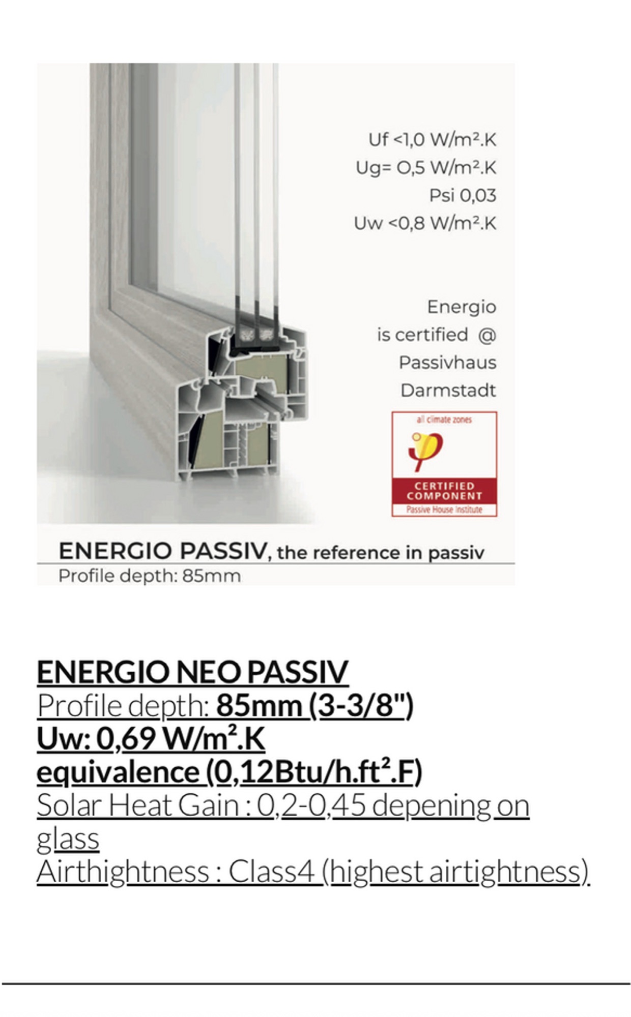 PHI-certified ENERGIO triple-glazed casement Passive House window — Uw ≤ 0.80 — Vireo Homes