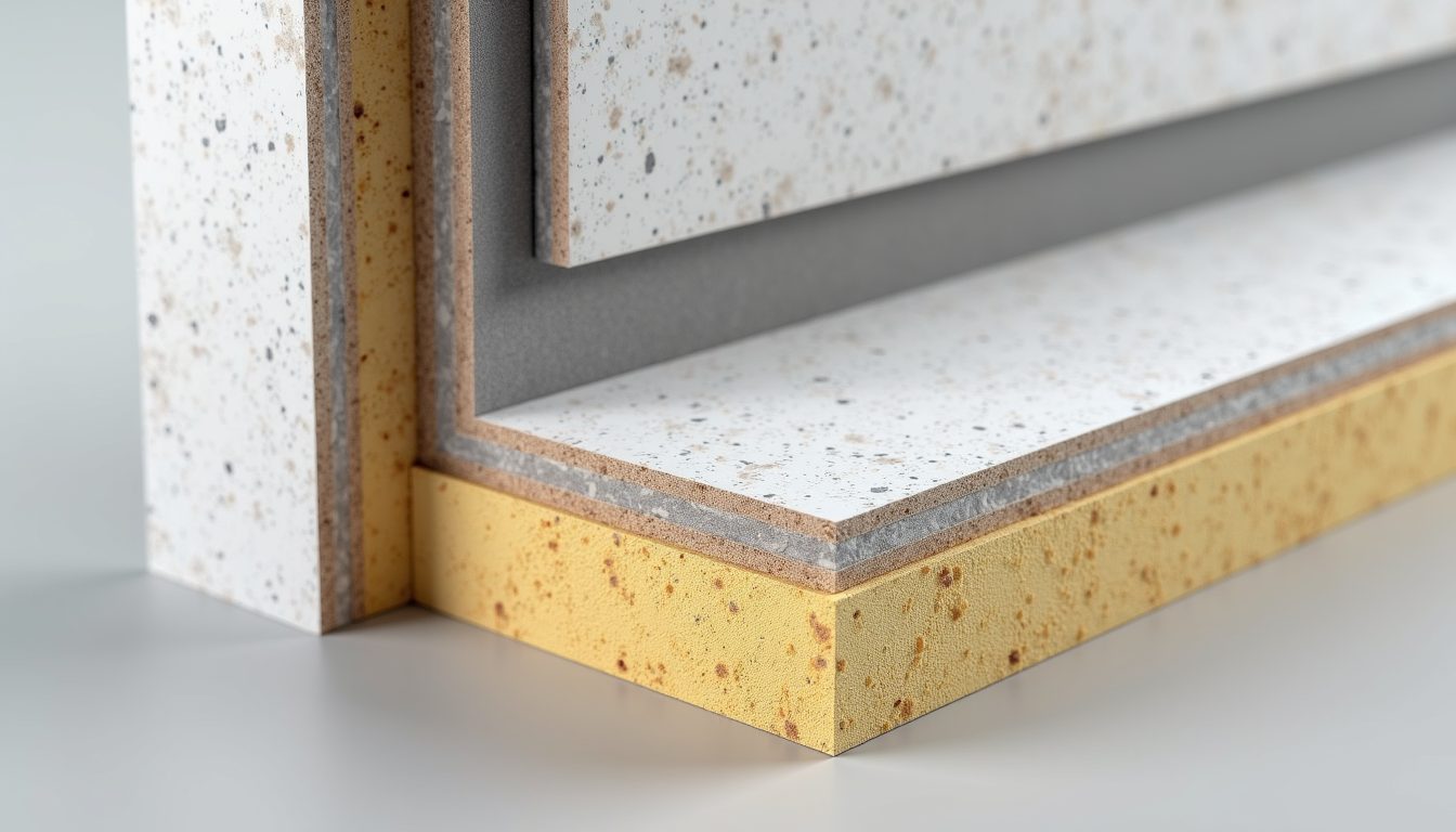 Eye-level view of wall assembly showing layers including air barrier membrane and insulation